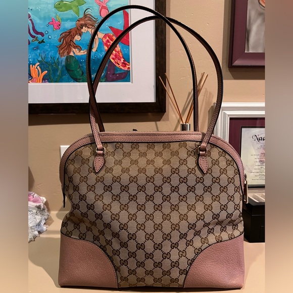 Gucci Handbags - GUCCI Monogrammed Canvas Leather Satchel Mauve/Brown.